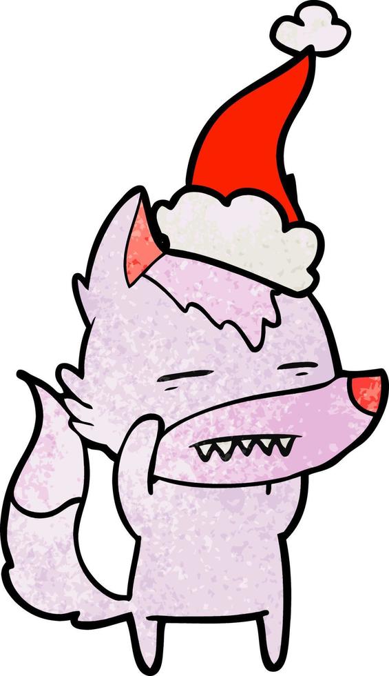 getextureerde cartoon van een wolf met tanden die een kerstmuts dragen vector
