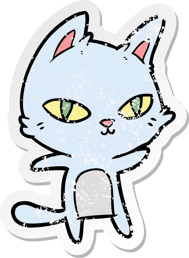 verontruste sticker van een cartoonkat die staart vector