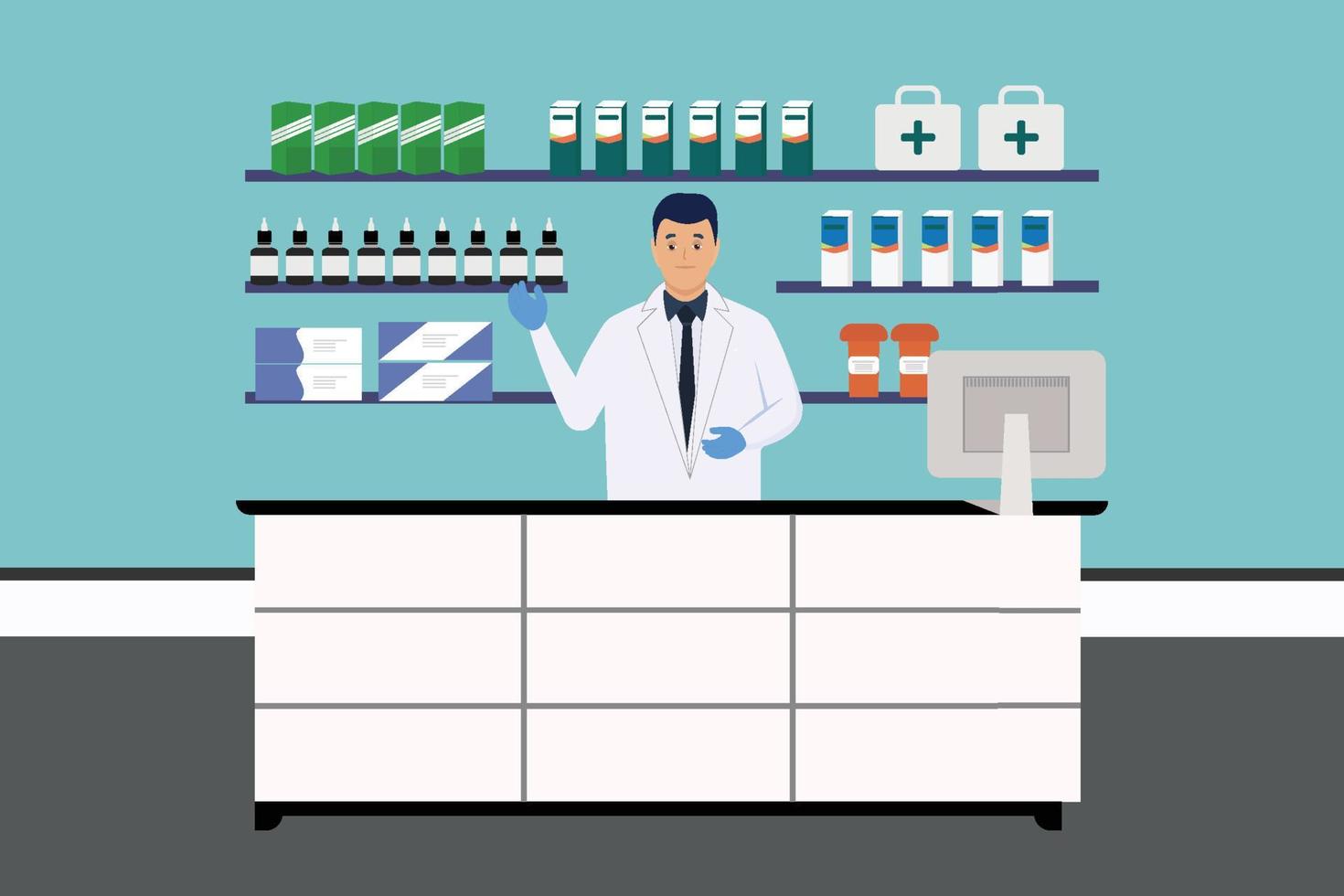 een apotheker in een apotheek die met een hand zwaait Vectorbeelden dokter vlak karakter in een apotheek vol medicijnen en een computermonitor. apotheker op een receptie die met zijn handconcept zwaait. vector