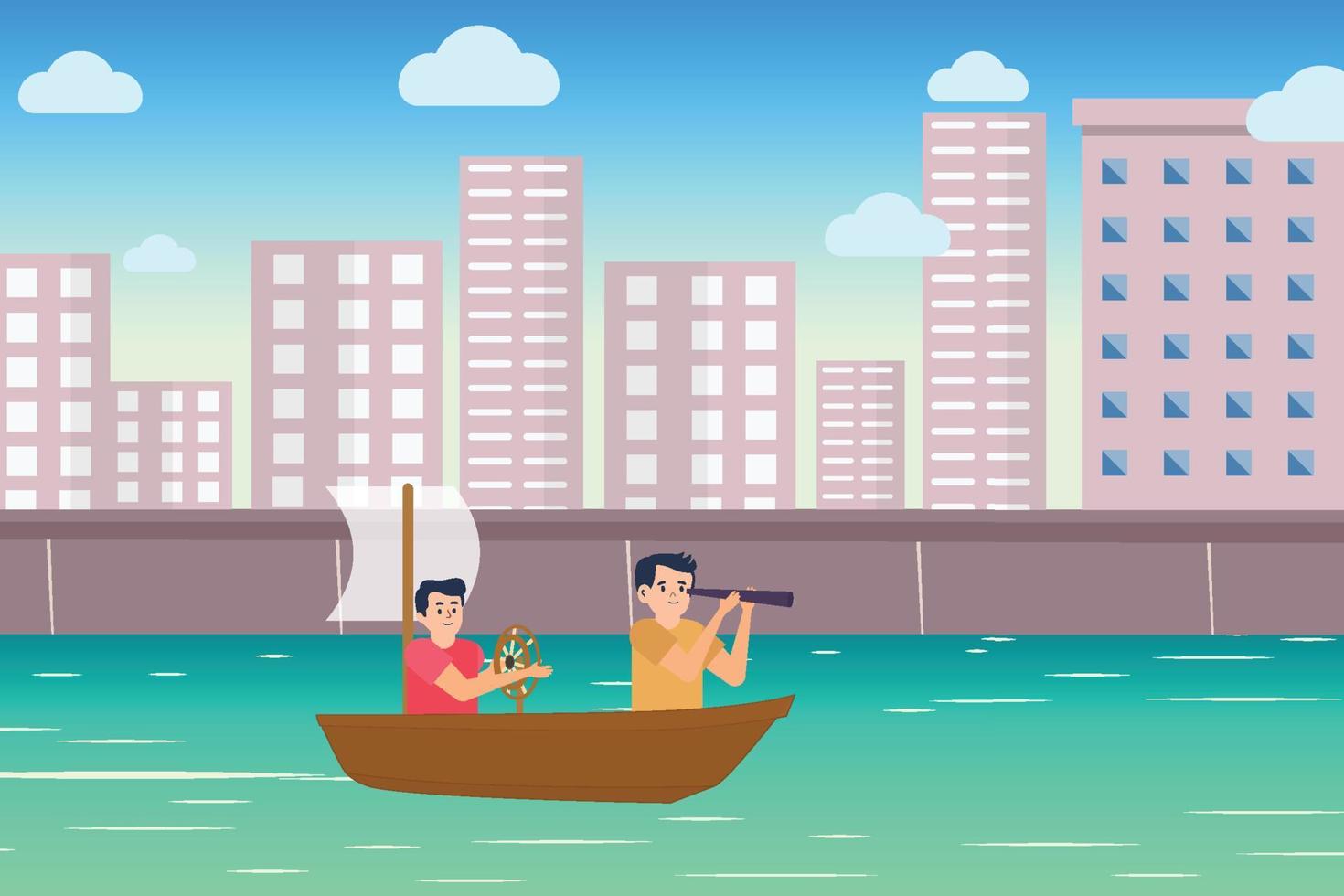 kleine jongen platte karakter illustratie met een kleine boot en stedelijk meer. kinderen spelen met de boot op een meer met een stadsgezicht achtergrond. speelbare kinderen met scope en speelgoedvaartuig op het water. vector