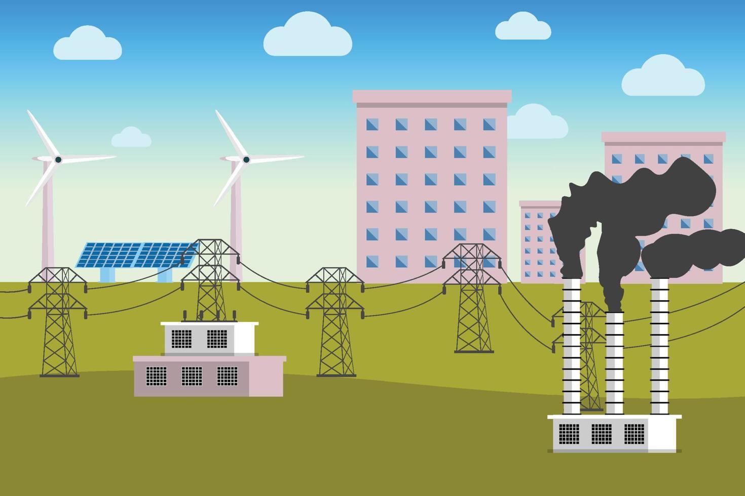 elektrische voeding met lang elektrisch pijler vectorconcept. elektriciteitsproductie met zonnepanelen, windmolens en raffinaderijen. elektriciteitsoverdrachtsmethode met stedelijke gebouwen en een blauwe lucht. vector