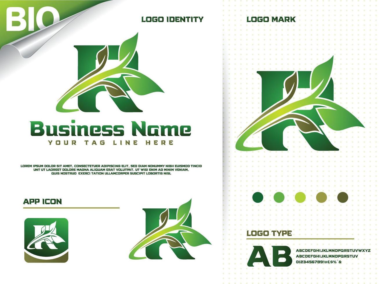 beginletter r met groen blad logo ontwerp vector