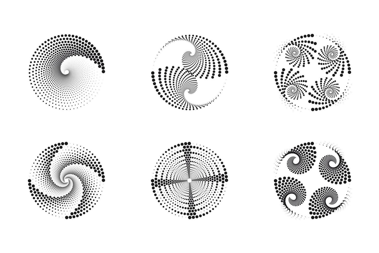 set spiralen, ontwerpelementen, gestippelde abstracte patronen. spiraalvormige werveling, draaipunten, vortex halftoon. vectorsjablonen van cirkelvormige radiale rotatielijnen. vector