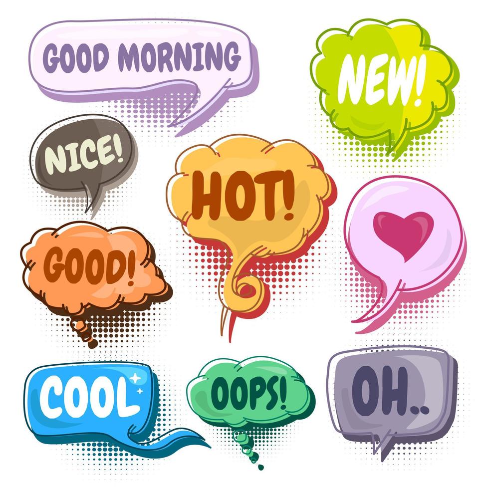 set van negen verschillende, kleurrijke stickers op kleurrijke strip. doodle tekstballonnen met ochtend, nieuw, leuk, goed, heet, liefde, cool, oh. vector