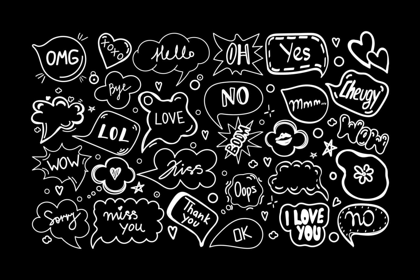 een set tekstballonnen met handgetekende dialoogwoorden in doodle-stijl. witte silhouetten op een zwarte achtergrond. hallo, liefde, sorry, liefde, kus, nee, doei, enz. spraakpatronen. vector illustratie