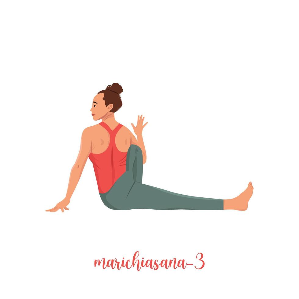 vrouwelijke stripfiguur die hatha yoga beoefent. vrouw doet training binnen. thuis sporten. yoga en fitness, gezonde levensstijl. platte vectorillustratie. vector