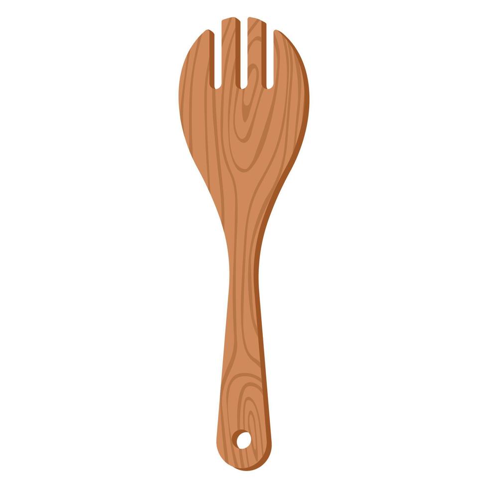 cartoon natuur houten keukengerei gebruiksvoorwerp salade vork spatel met houtnerf textuur vector
