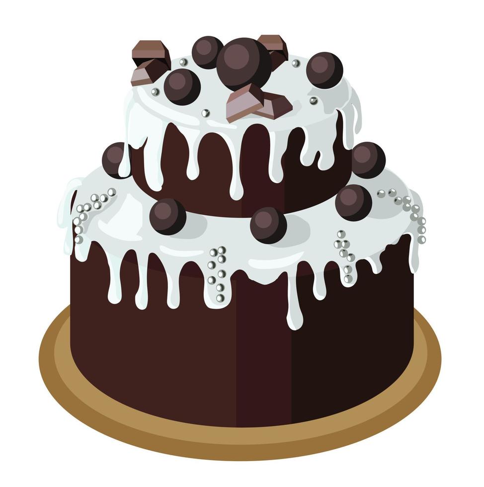 grote tweelaagse brownie-chocoladetaart gegarneerd met witte ganache, chocolaatjes en zilveren suikerballen. voorraad vectorillustratie geïsoleerd op een witte achtergrond. vector