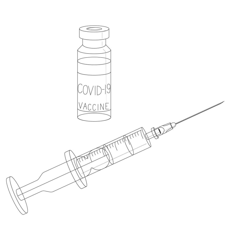 covid-19 coronavirusvaccin in een transparante glazen fles met een rubberen stop en een plastic wegwerpspuit en naald. doodle stijl. vector voorraad illustratie geïsoleerd op een witte achtergrond.