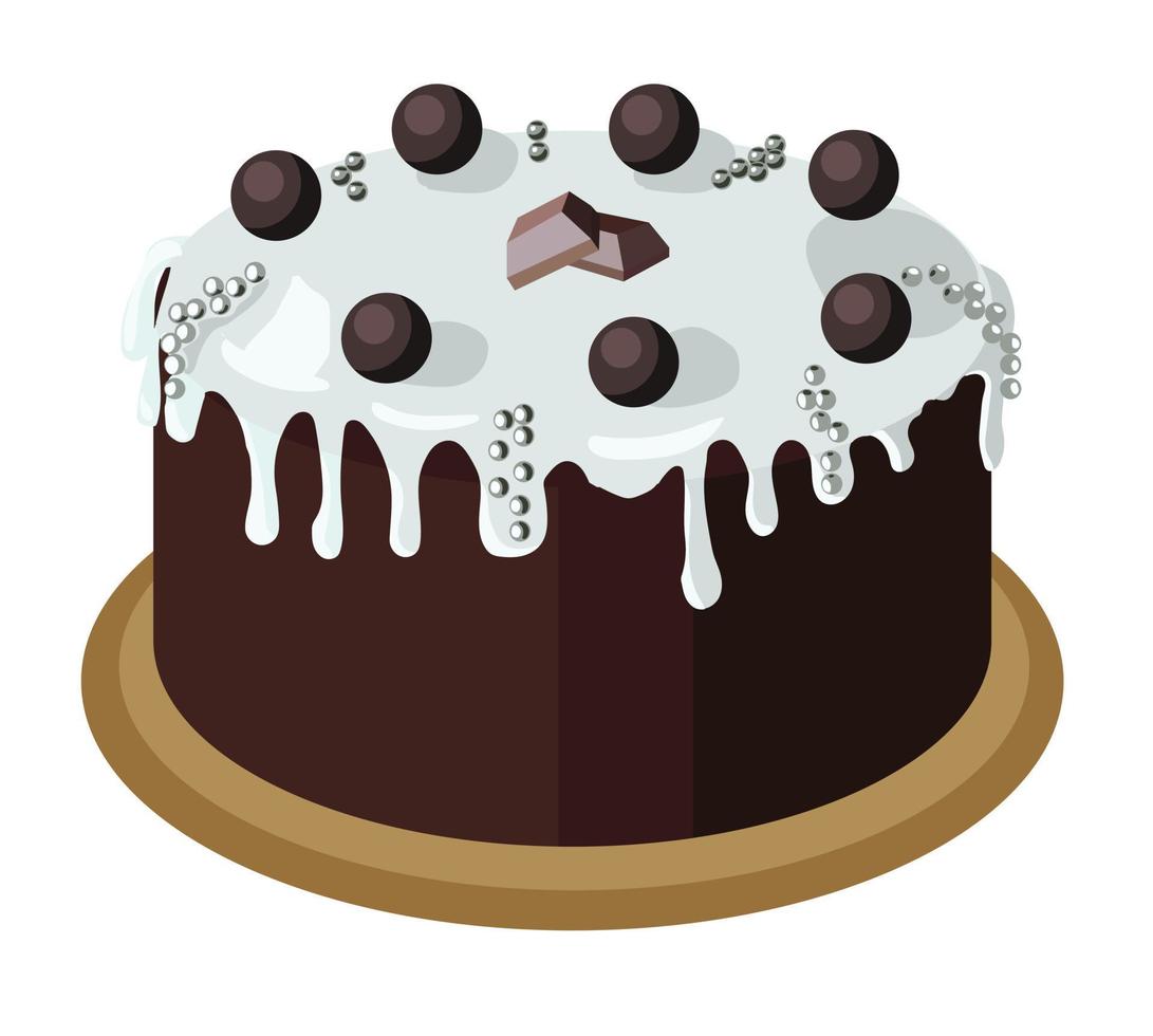 grote brownie chocoladetaart gegarneerd met witte ganache, chocolaatjes en zilveren suikerbolletjes. voorraad vectorillustratie geïsoleerd op een witte achtergrond. vector