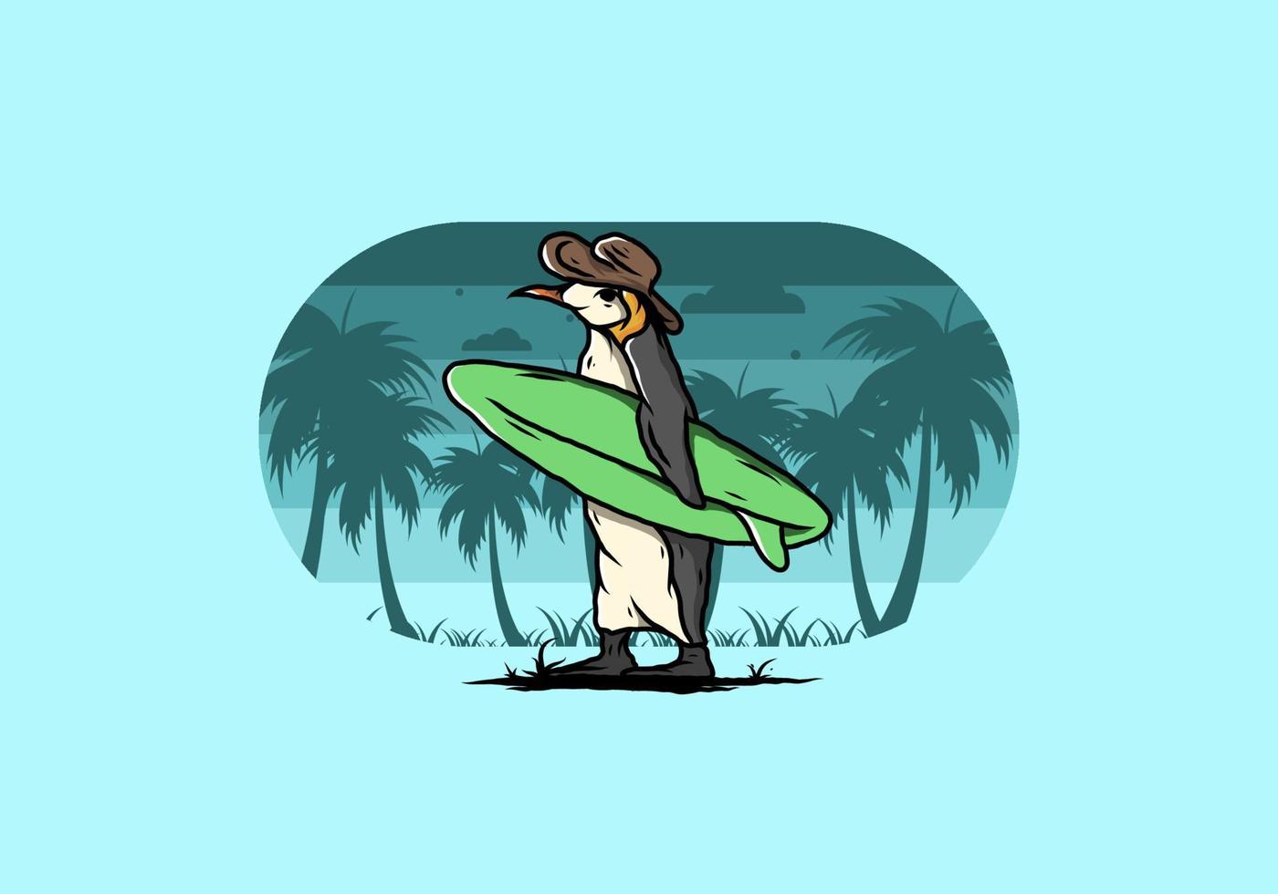 schattige pinguïn met een surfplank op het strand illustratie vector