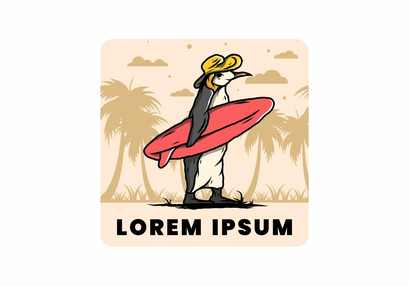 schattige pinguïn met een surfplank op het strand illustratie vector