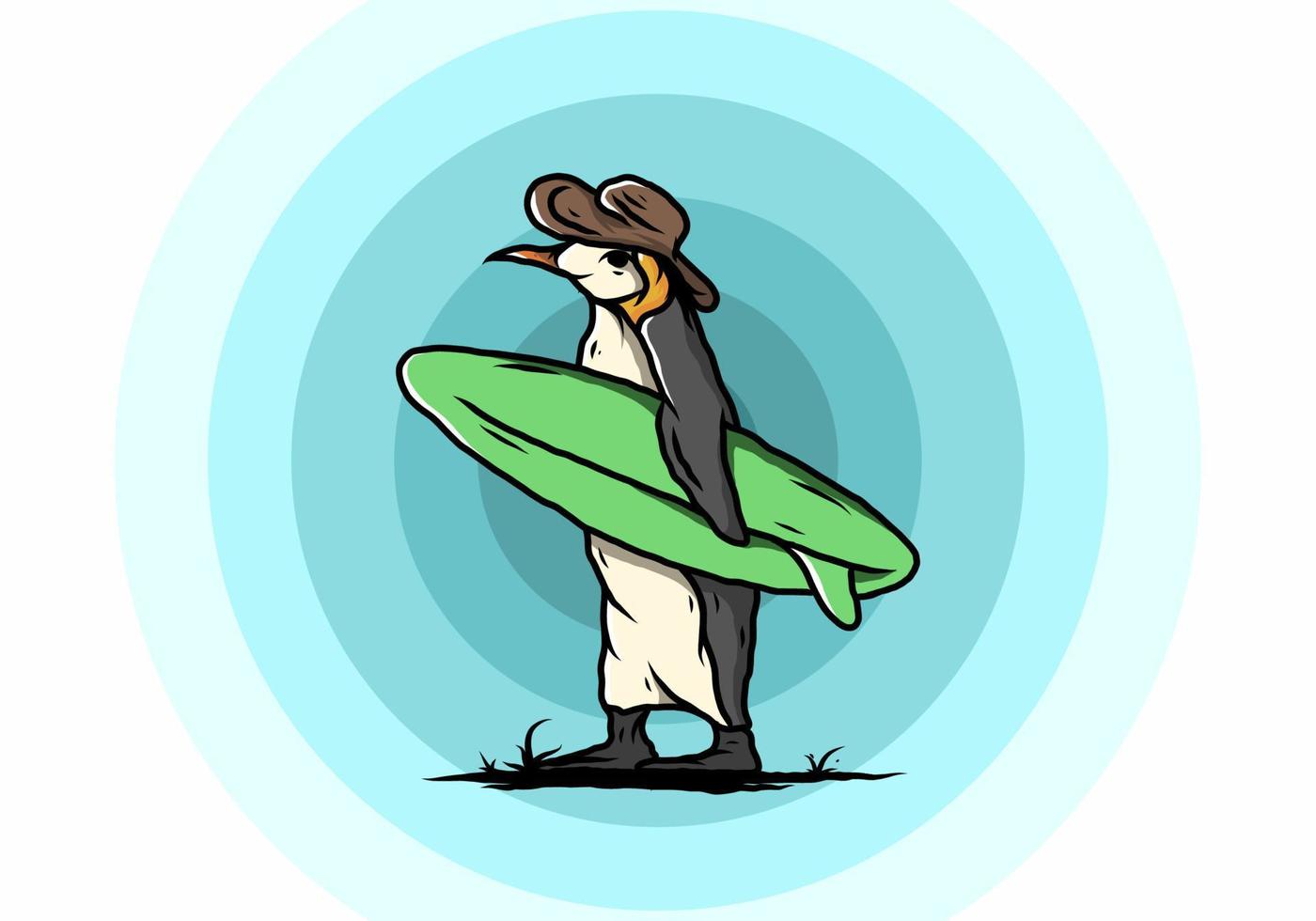 schattige pinguïn met een surfplank op het strand illustratie vector