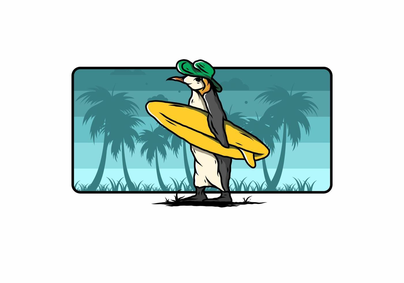 schattige pinguïn met een surfplank op het strand illustratie vector