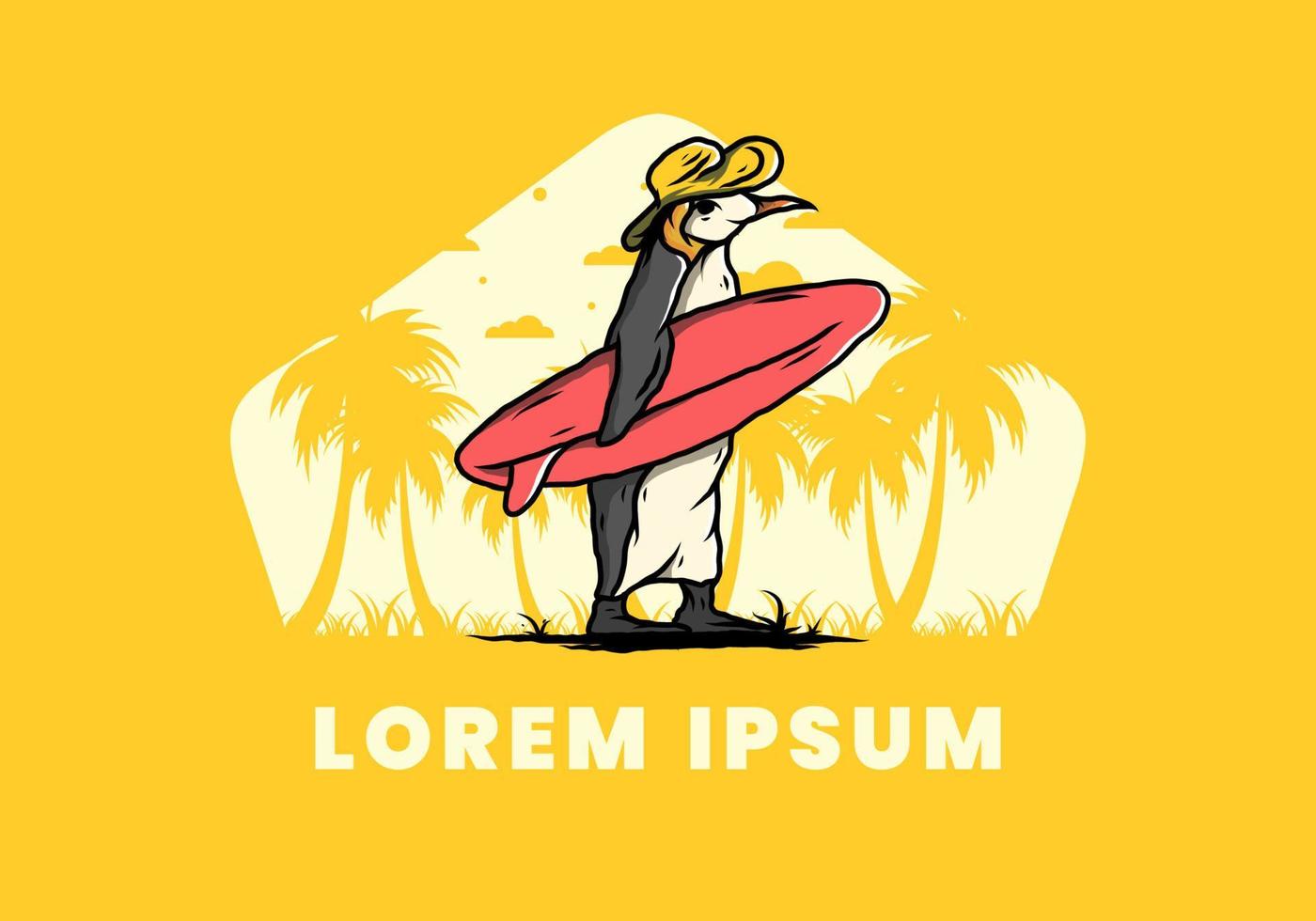 schattige pinguïn met een surfplank op het strand illustratie vector