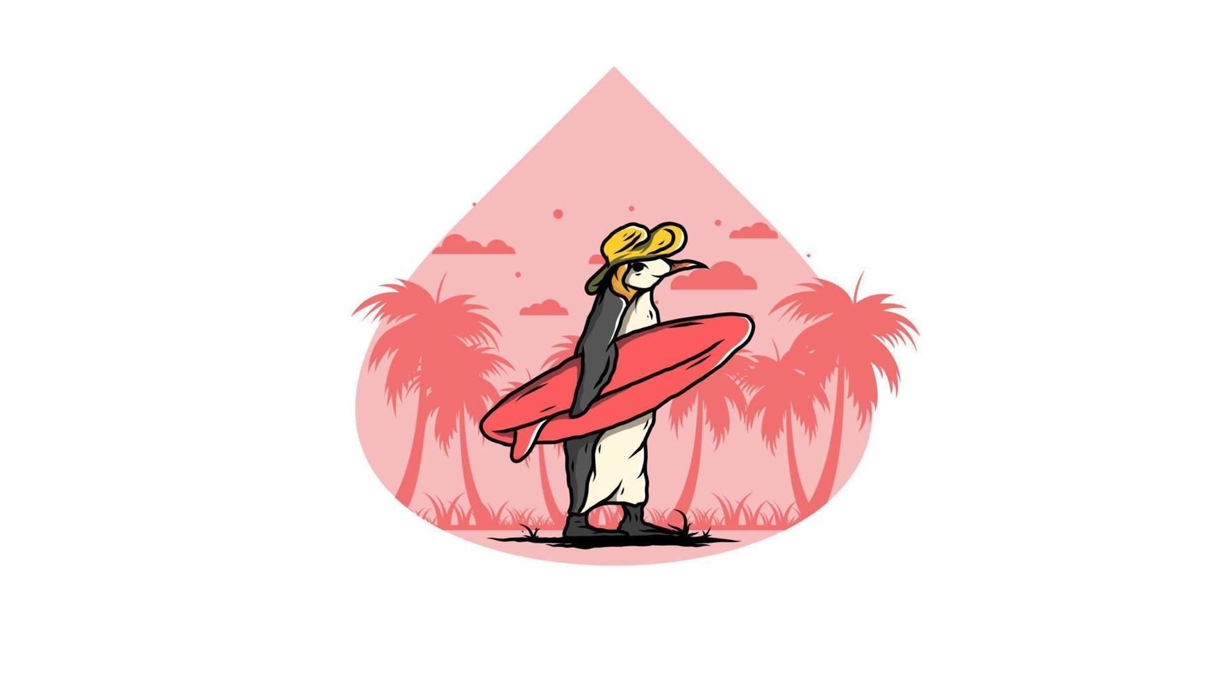 schattige pinguïn met een surfplank op het strand illustratie vector