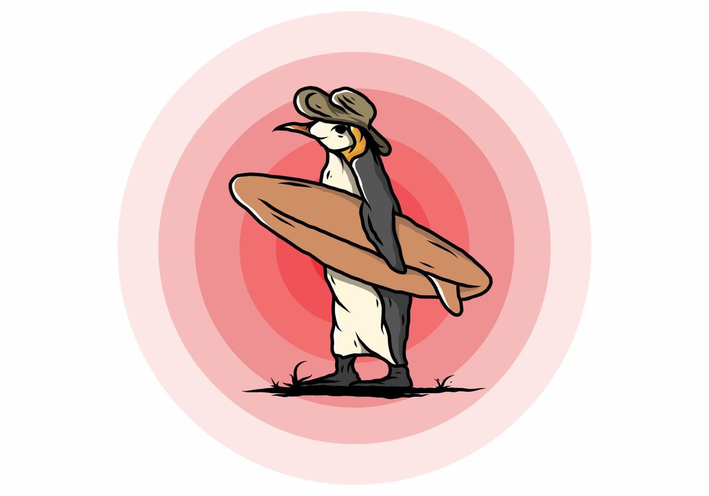 schattige pinguïn met een surfplank op het strand illustratie vector