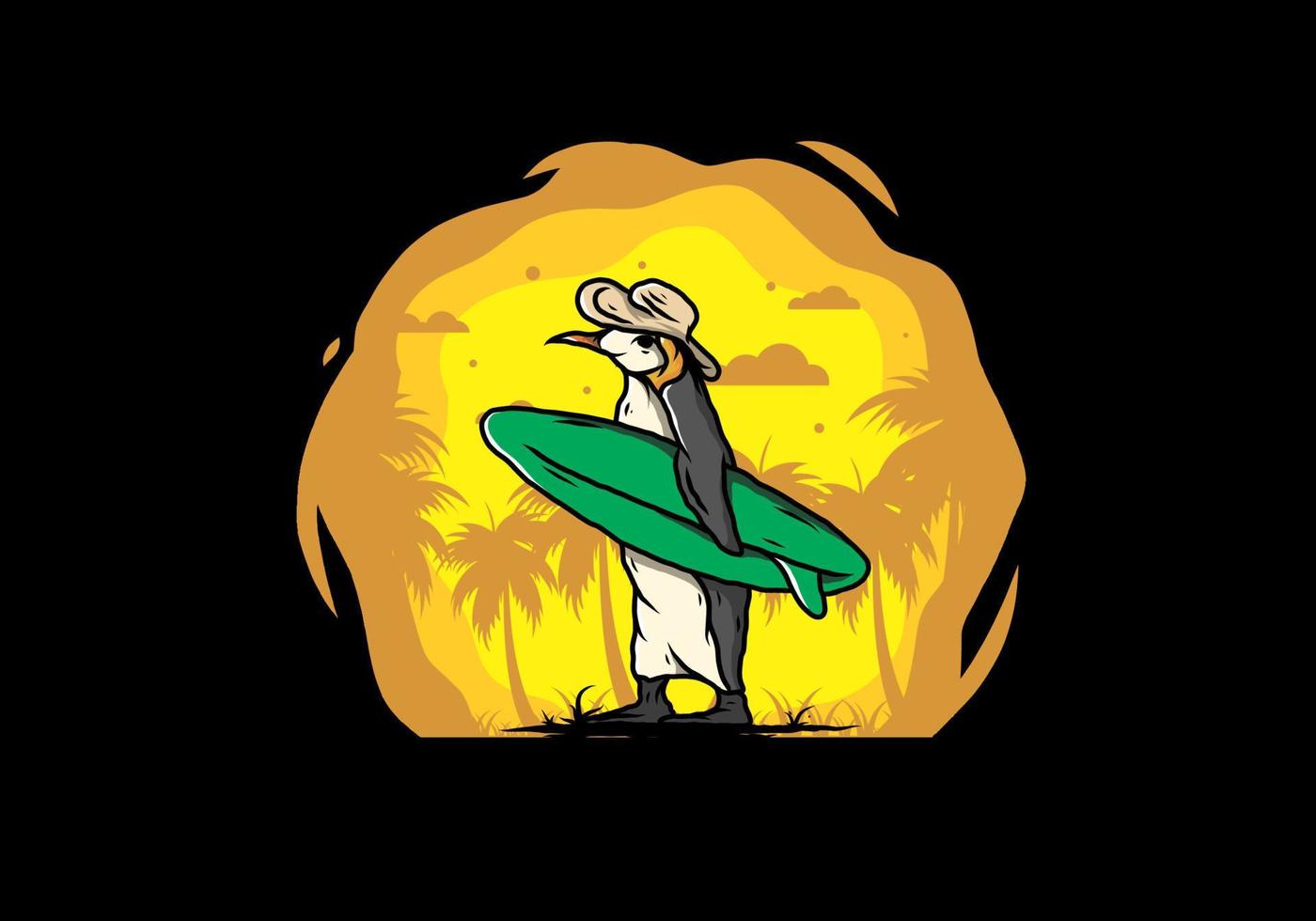 schattige pinguïn met een surfplank op het strand illustratie vector