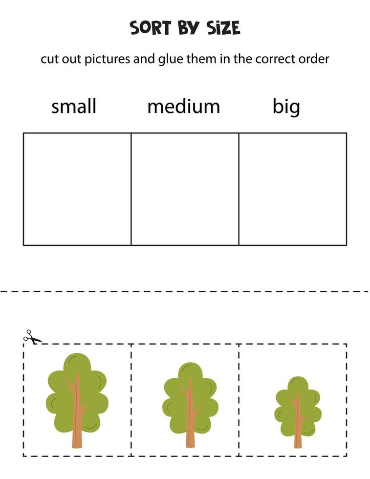 sorteer bomen op grootte. educatief werkblad voor kinderen. vector