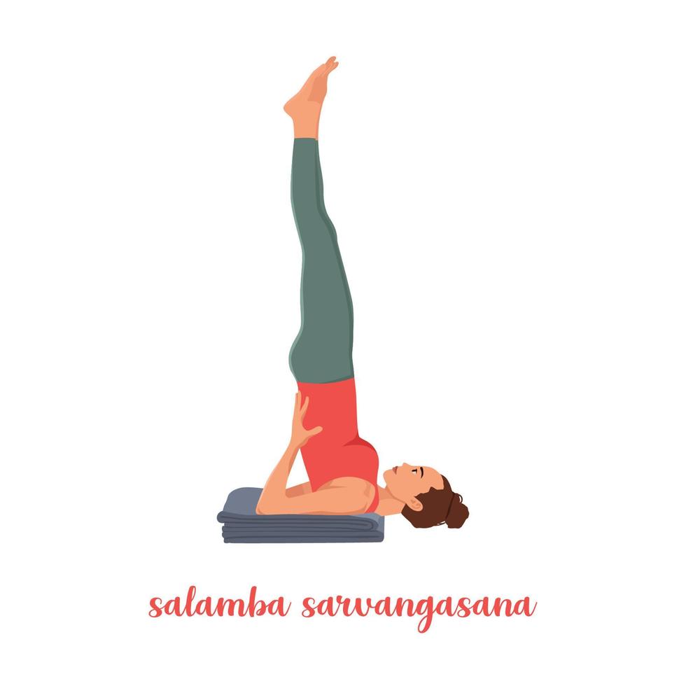 vrouw doet salamba sarvangasana of schouderstand pose. hatha yoga beoefenen. platte vectorillustratie geïsoleerd op een witte achtergrond vector