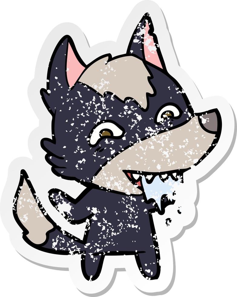 verontruste sticker van een cartoon hongerige wolf vector