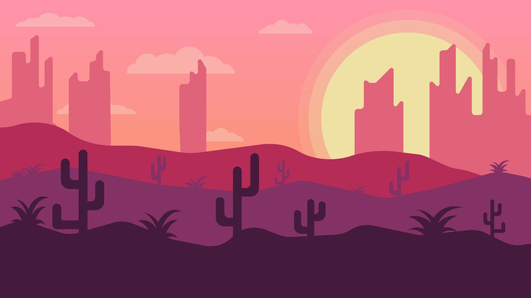 silhouet van de stad bij zonsondergang. vlakke afbeelding. stad en woestijn met cactussen. vector