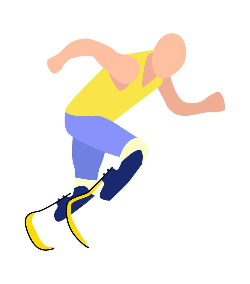 man atleet marathonloper met prothesen. sporten voor gehandicapten, rennen. gezonde levensstijl. actief leven met lichamelijk letsel. geïsoleerde vectorillustratie vector