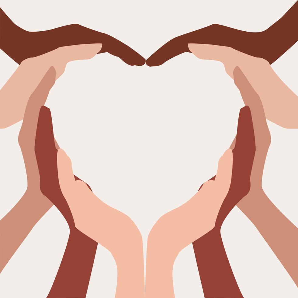 mensenhanden met een donkere en lichte huid in de vorm van een hart. diversiteit, internationaal. vriendschap, liefde, saamhorigheid, team vector