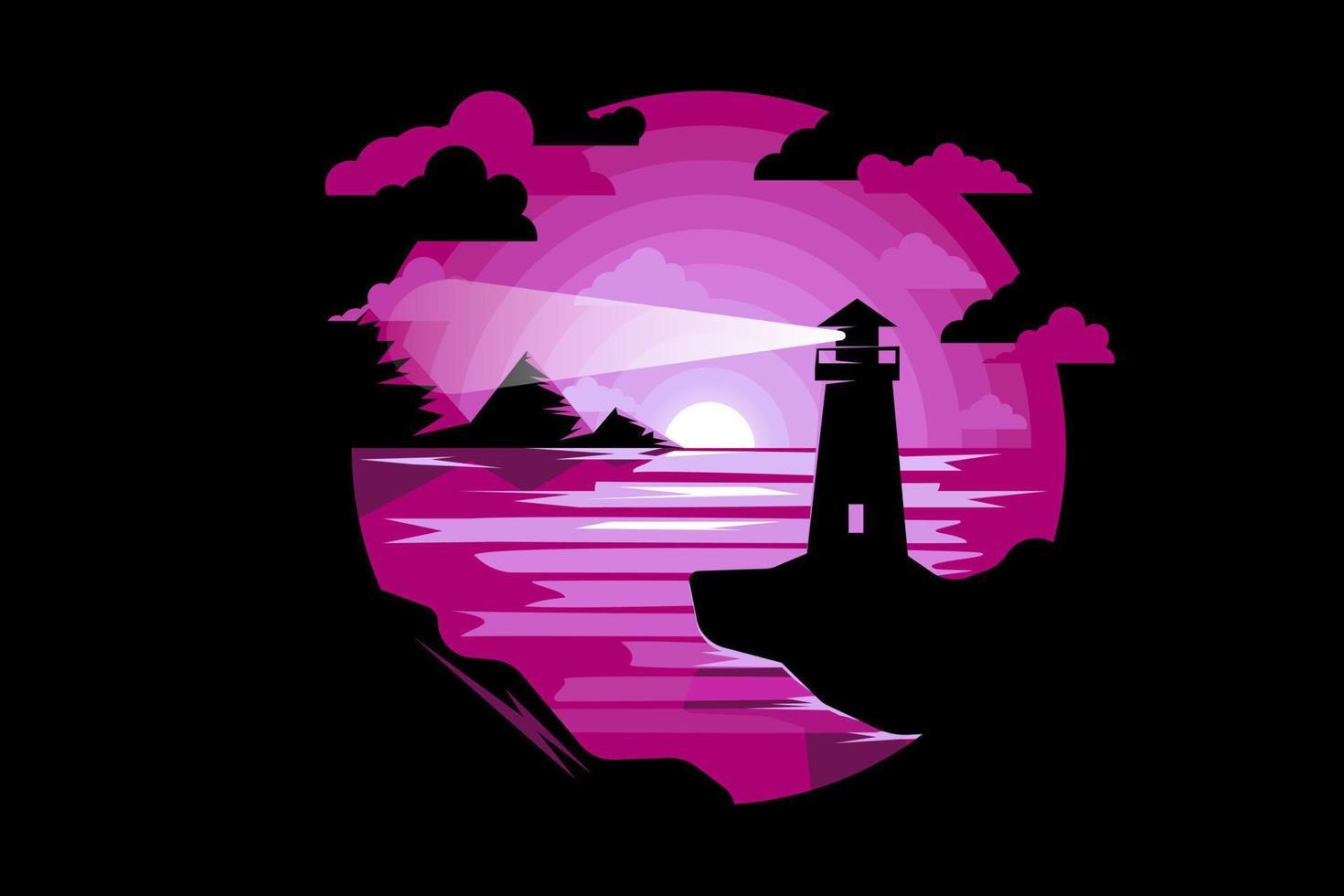 stijlvolle mooie vectorillustratie met een vuurtoren op de klif die de nachtzee verlicht. op de achtergrond bergen en maan met wolken. roze kleur vector