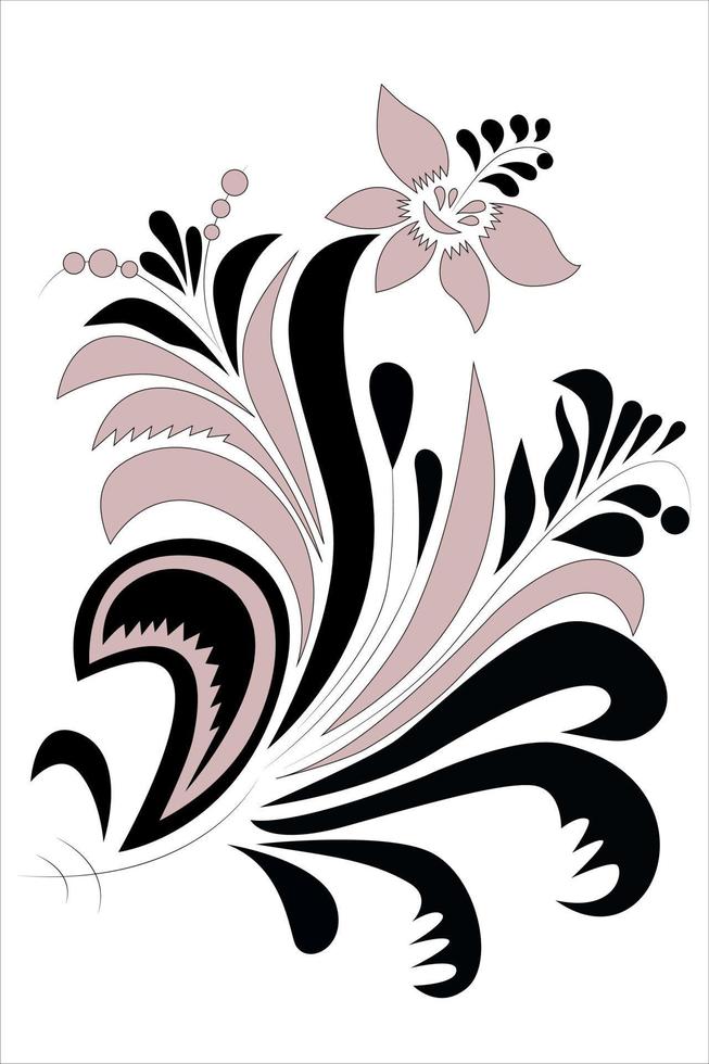 abstracte bloem met bladeren in traditionele stijl. roze en zwarte kleuren. ontwerpelement vector