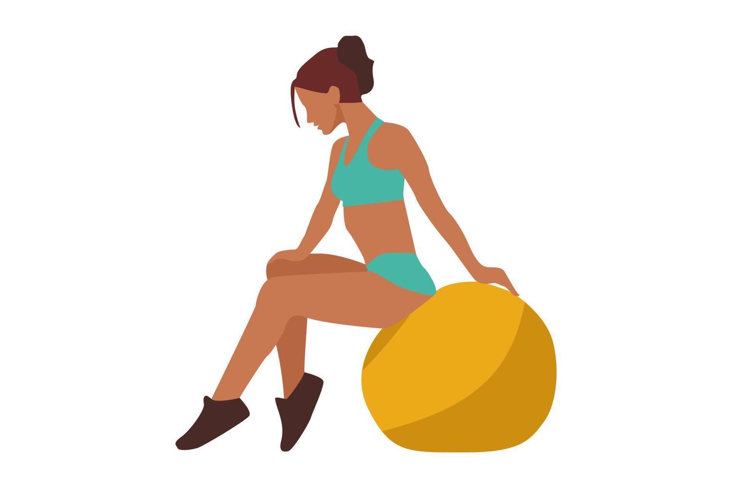 sportieve slanke jonge vrouw in groen pak zit op een gele bal voor fitness vector
