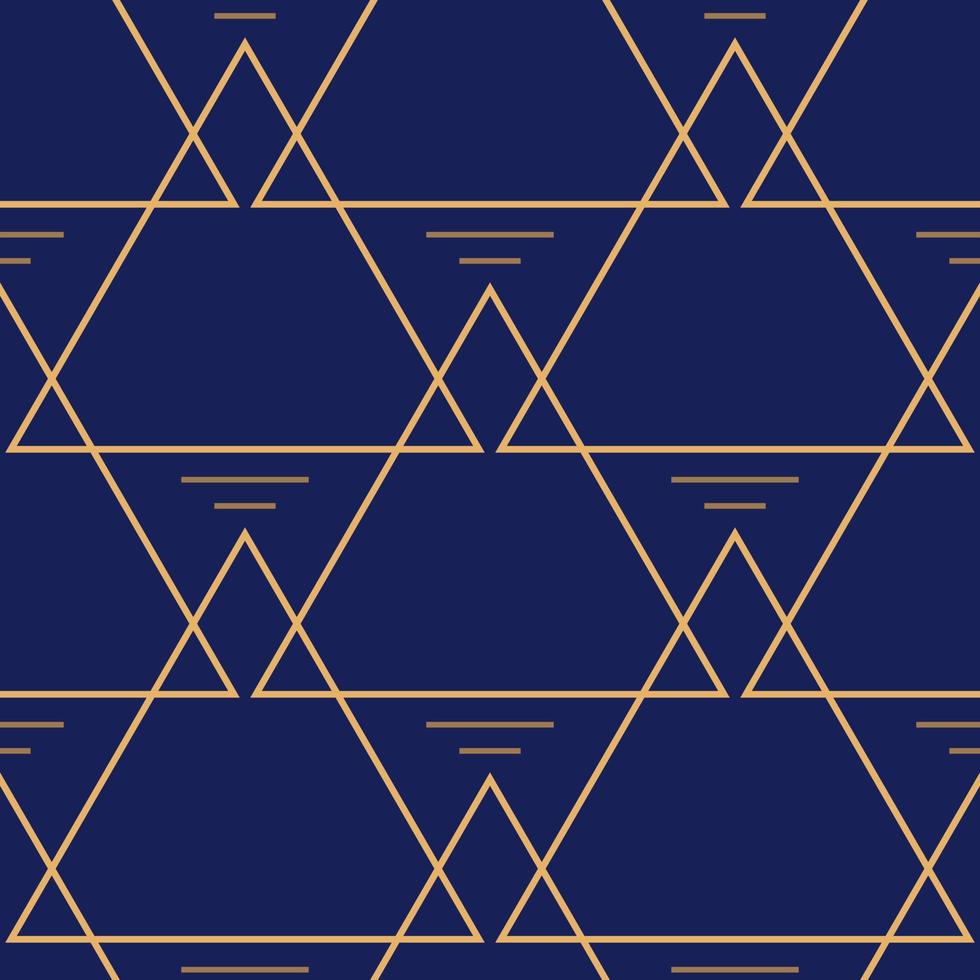 naadloos patroon met gouden geometrische lijnen in de vorm van driehoeken en streepjes op een donkerblauwe achtergrond. vector