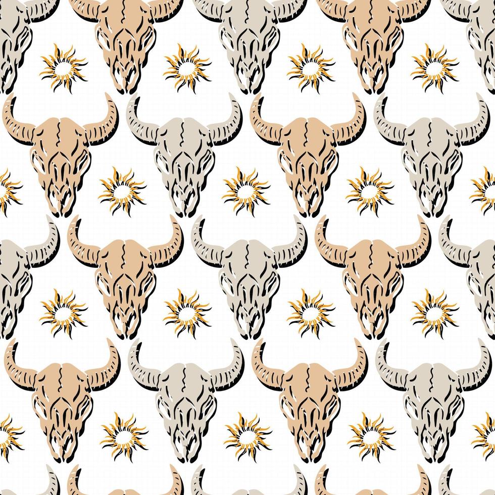 folk schedel buffel en zon inheemse vector naadloze patroon