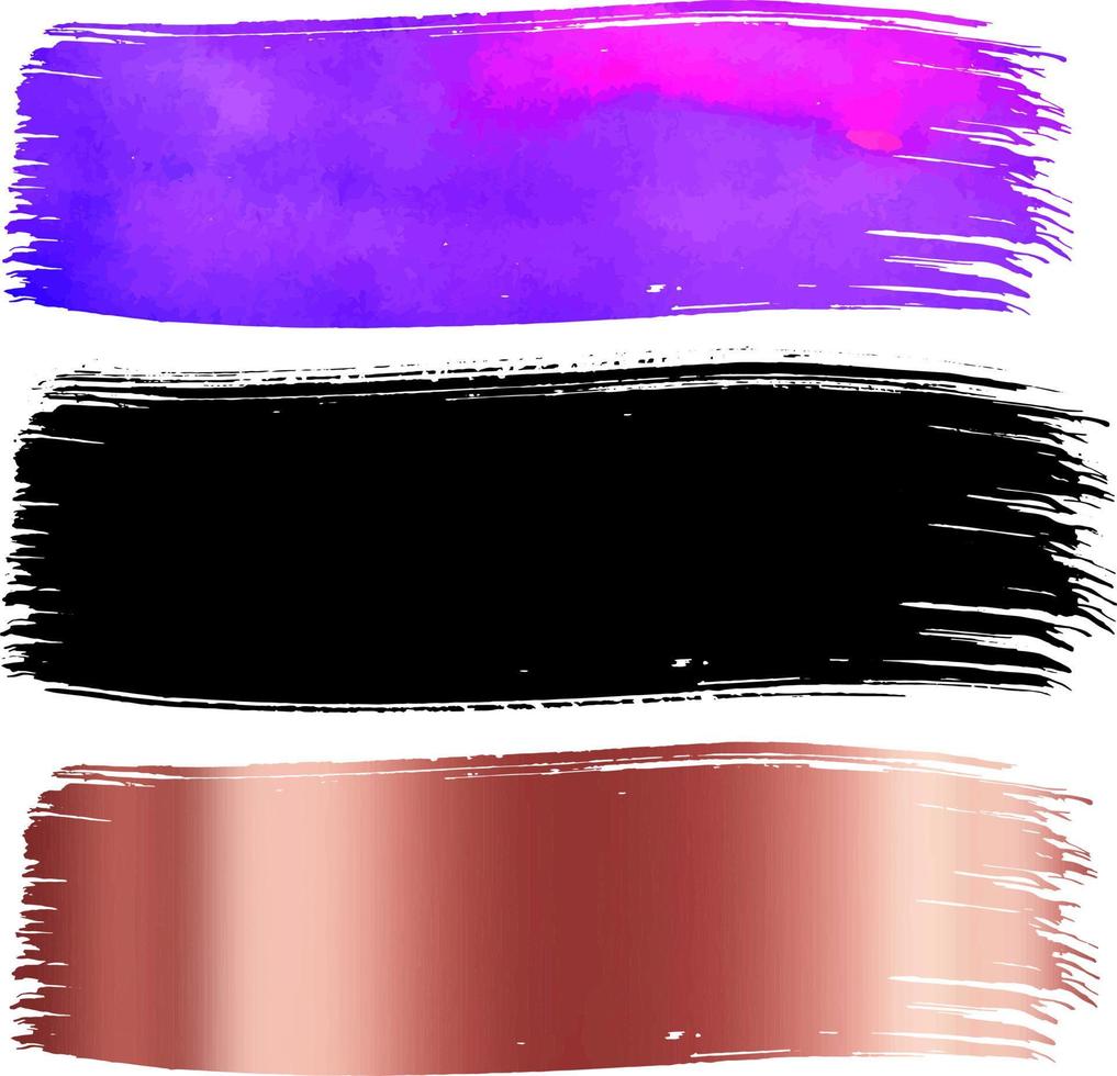 slag patronen. set penseelvlekken, beroerte, lijnverzameling, textuurstalen, geïsoleerde zwarte en aquarel violette verf, rose gouden textuurlijn. hand getekende vectorillustratie. vector