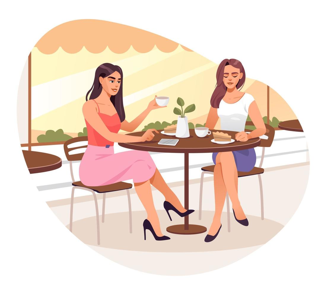 vriendinnen ontmoeten elkaar in het koffiehuis in de ochtend. meisjes drinken koffie in een coffeeshop. meisjes praten, zittend op het terras van de zomercafetaria. cartoon vectorillustratie. vector