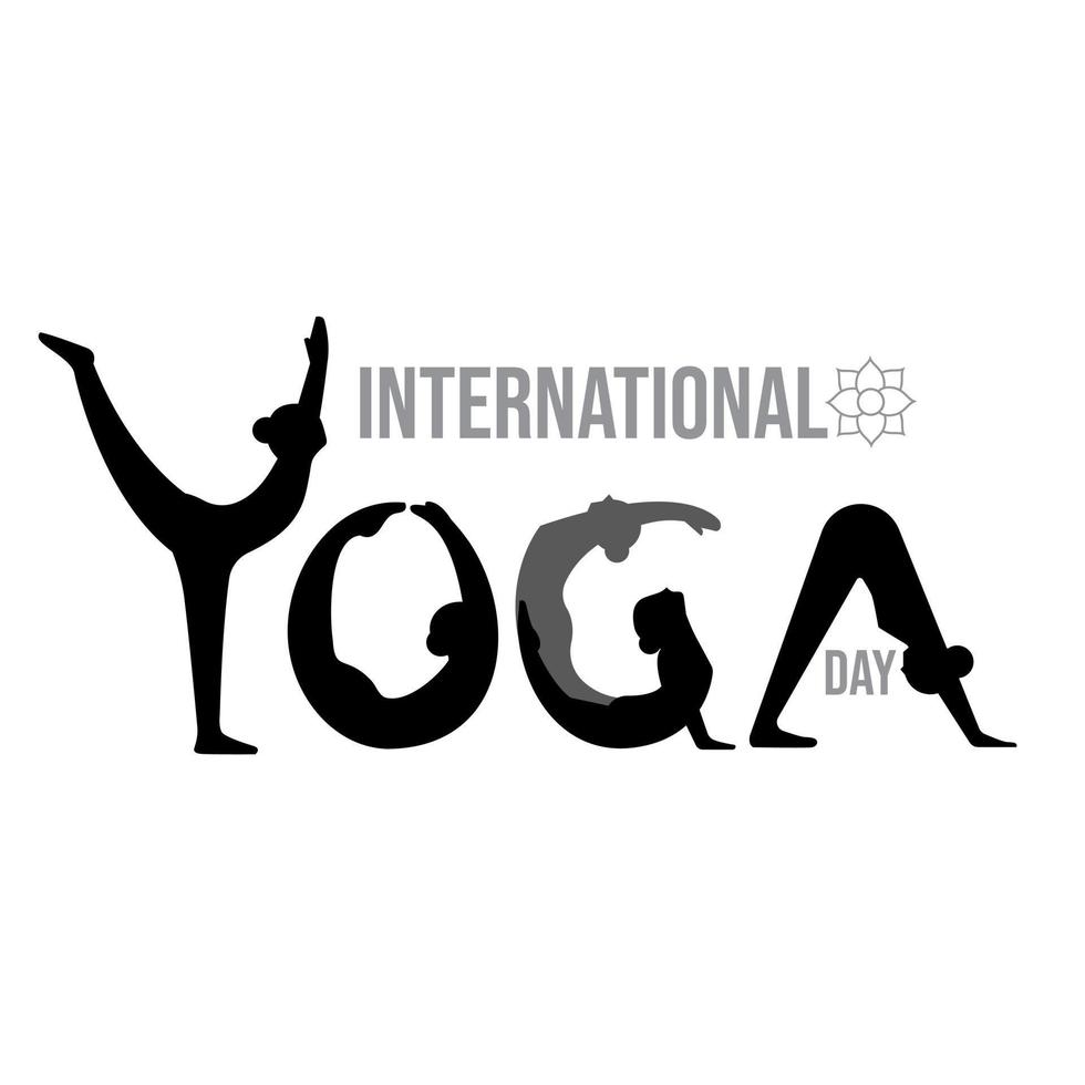 internationale yogadag. silhouet yoga lichaamshouding lettertype. vrouwen die yoga beoefenen. vector illustratie ontwerp