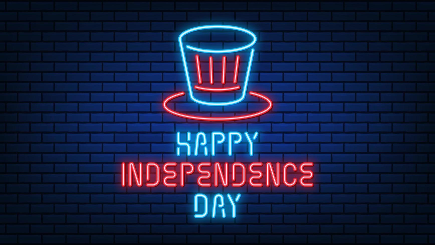 gelukkig 4 juli neonhoedteken, helder uithangbord, lichte banner. onafhankelijkheidsdag neonlijnontwerp. vector illustratie