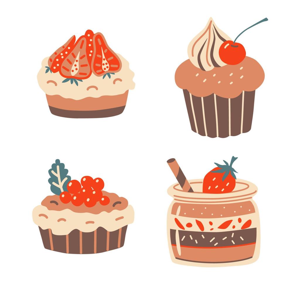 dessert set. cupcakes en minitaartjes. vector handgetekende elementen.