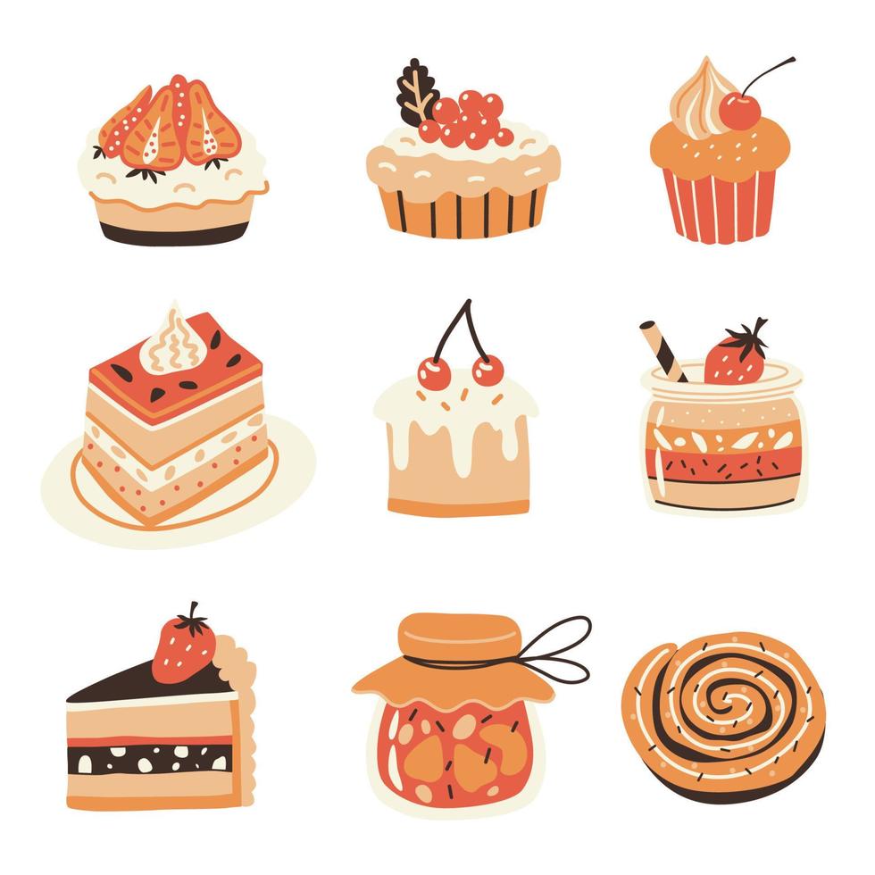 cupcakes en desserts. vector hand getekende set.