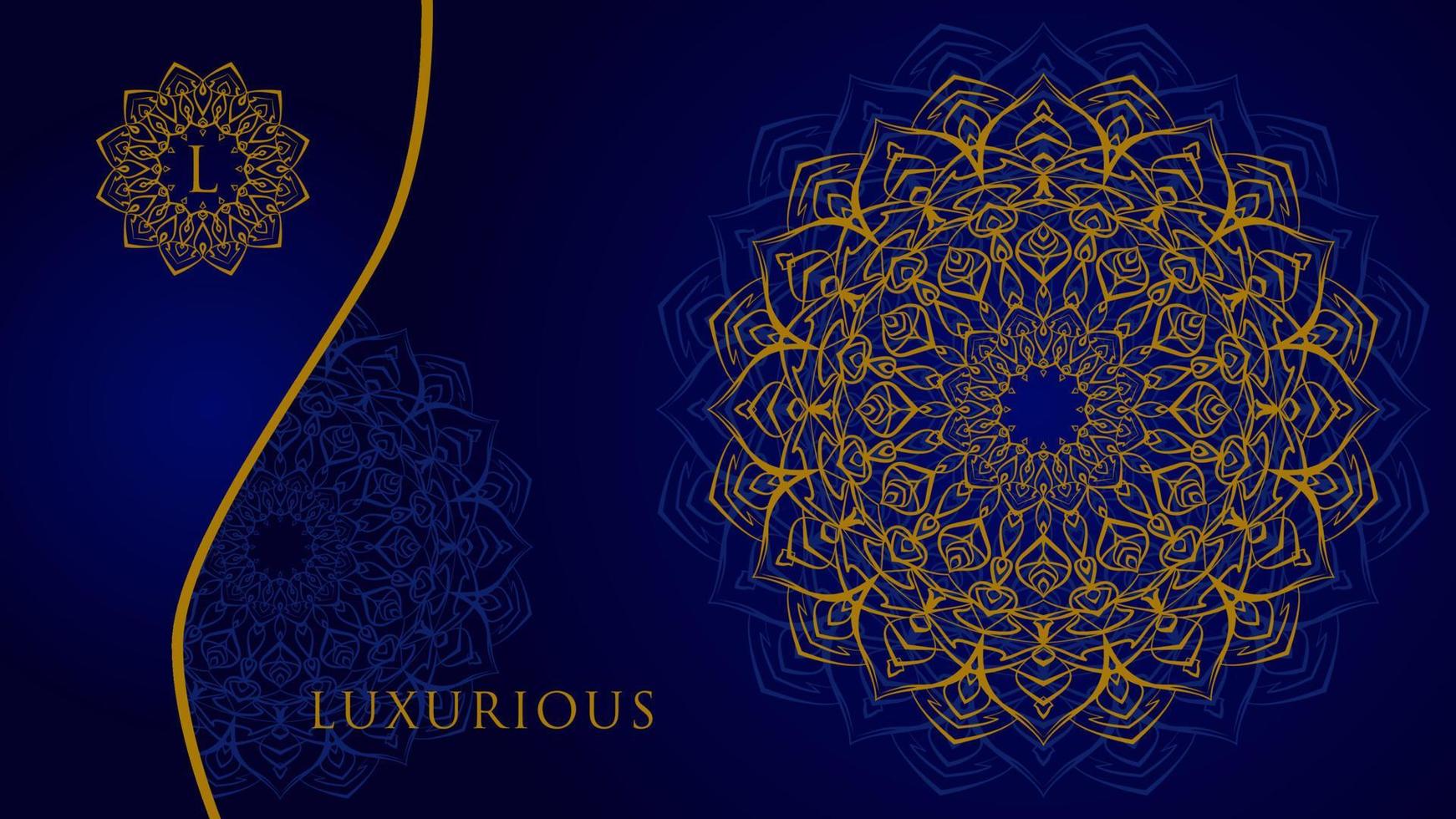 gouden mandala met blauwe luxe achtergrond voor web of print vector design element