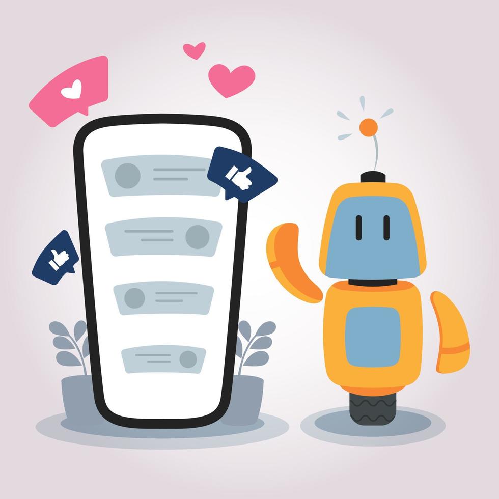 concept telefoon illustratie met robot assistent en chat. gesprek in sociale media, digitaal artikel en advertenties vector