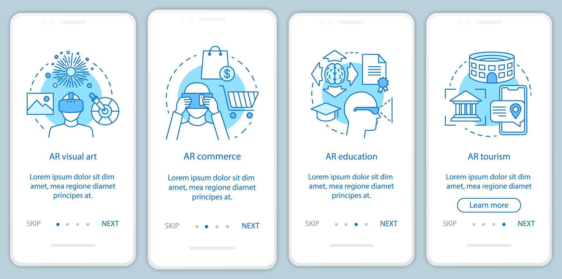 augmented reality toepassing van onboarding mobiele app-paginascherm met concepten. ar beeldende kunst, handel, onderwijs, toerisme walkthrough stappen grafische instructies. ux, ui, gui vectorsjabloon met pictogrammen vector