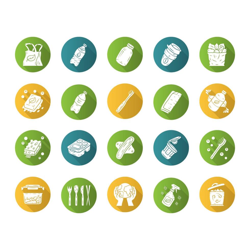 nul afval swaps handgemaakte platte ontwerp lange schaduw glyph iconen set. biologische, natuurlijke, duurzame producten. herbruikbare, recyclebare, milieuvriendelijke materialen. vector silhouet illustratie