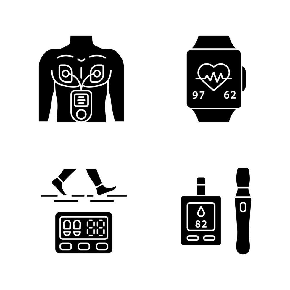 medische apparaten glyph pictogrammen instellen. spierstimulator, hartslagmeter, stappenteller, bloedsuikertest. hartslagmeter, fitnesstracker, glucometer. silhouet symbolen. vector geïsoleerde illustratie