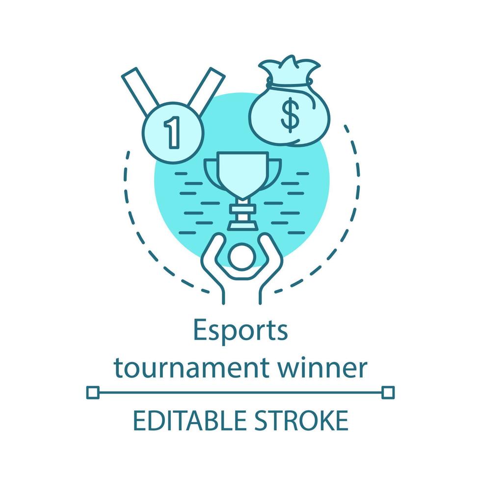 esports toernooi winnaar concept icoon. gamer met prijs. kampioen beker. competitie kampioen trofee. e sportcompetitie idee dunne lijn illustratie. vector geïsoleerde overzichtstekening. bewerkbare streek