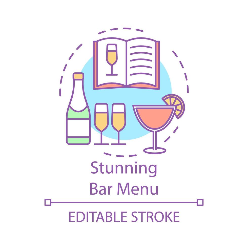 verbluffende bar menu concept icoon. receptenboek en cocktailbereiding. alcoholische drankenkaart. wijnkaart idee dunne lijn illustratie. vector geïsoleerde overzichtstekening. bewerkbare streek