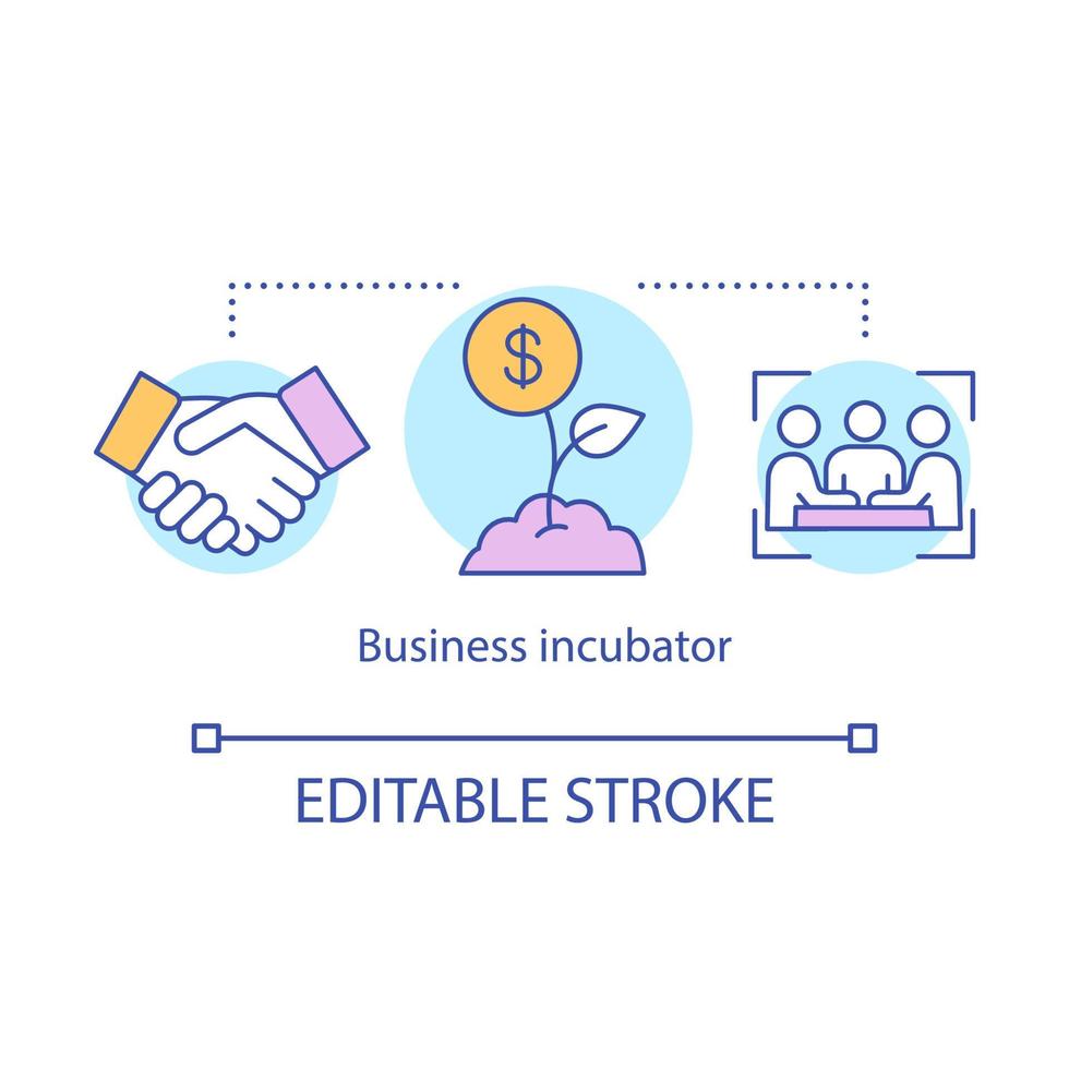 business incubator concept icoon. start discussie. investeerdersovereenkomst. teambuilding. communicatie voor zakenlieden idee dunne lijn illustratie. vector geïsoleerde overzichtstekening. bewerkbare streek