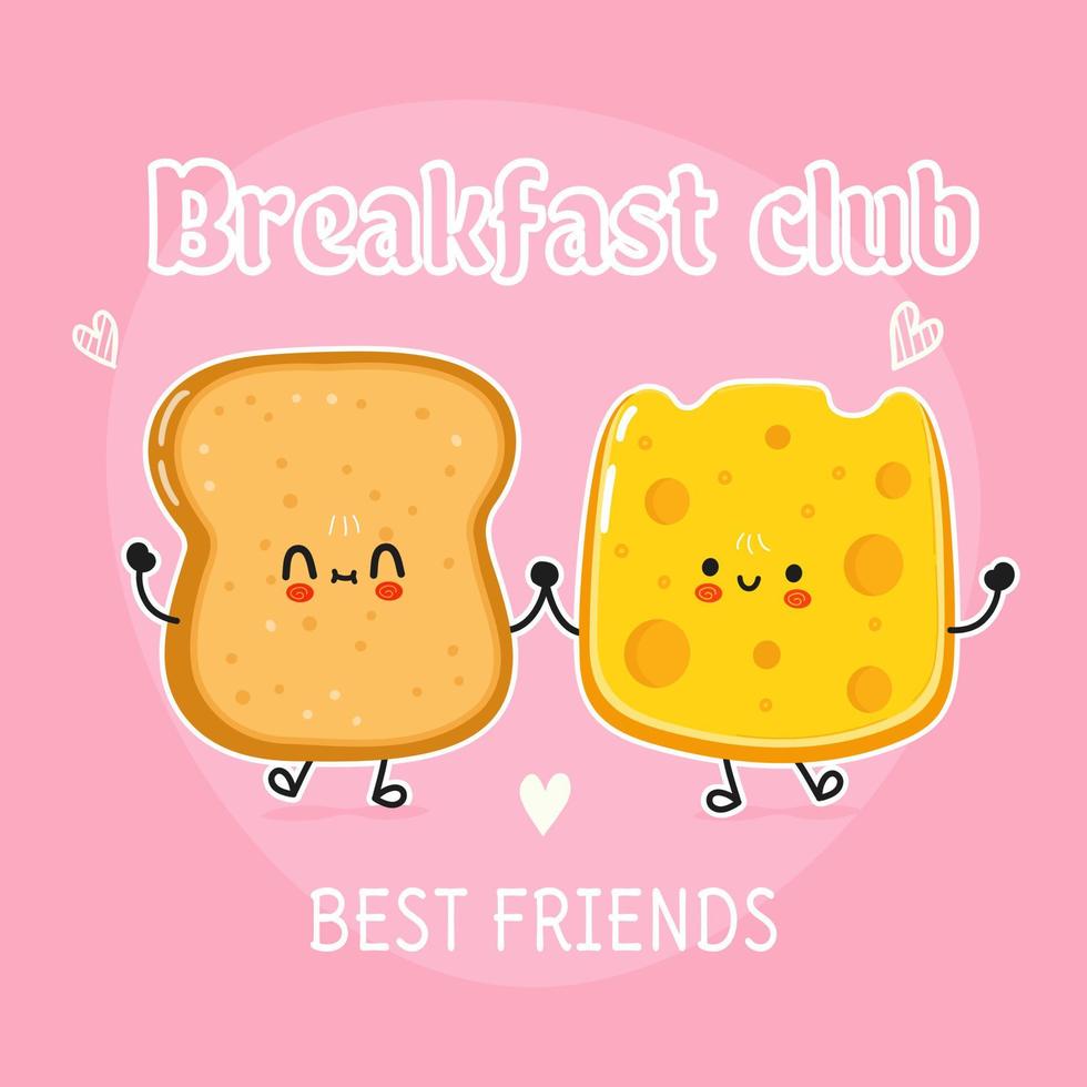 leuke vrolijke toast en kaaskaart. vector hand getrokken doodle stijl cartoon karakter illustratie pictogram ontwerp. gelukkige conceptkaart voor brood en kaasvrienden
