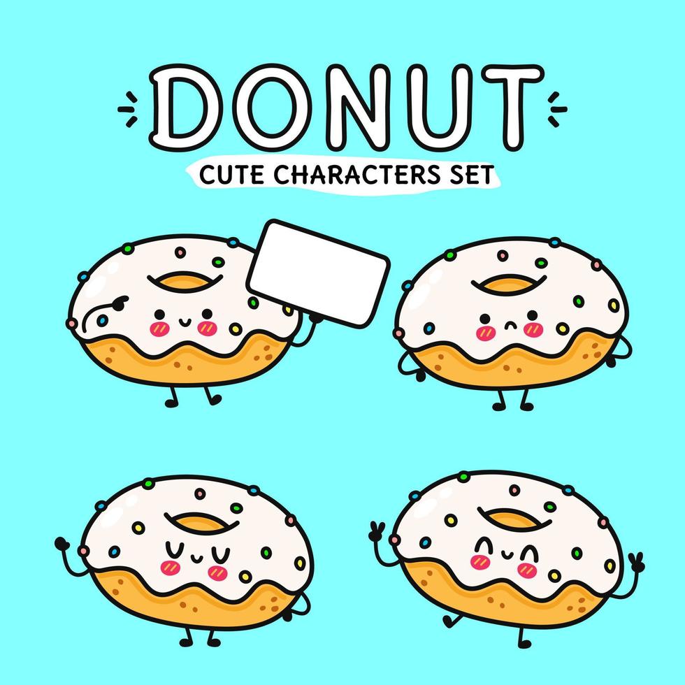 grappige schattige happy donut karakters bundel set. vector hand getrokken doodle stijl cartoon karakter illustratie pictogram ontwerp. geïsoleerd op blauwe achtergrond. schattige donut mascotte karakterverzameling