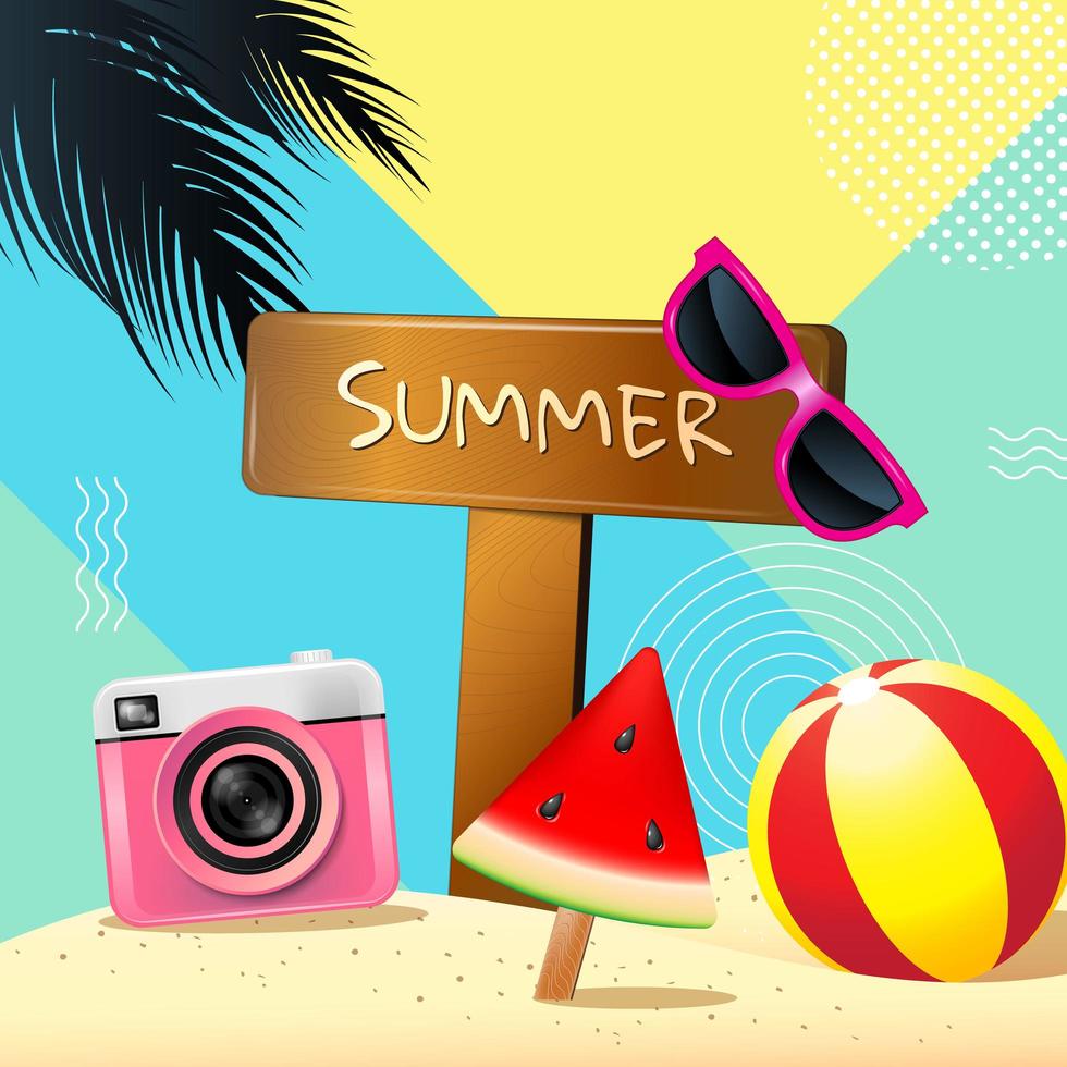 vierkante kaart met zomer teken en items vector